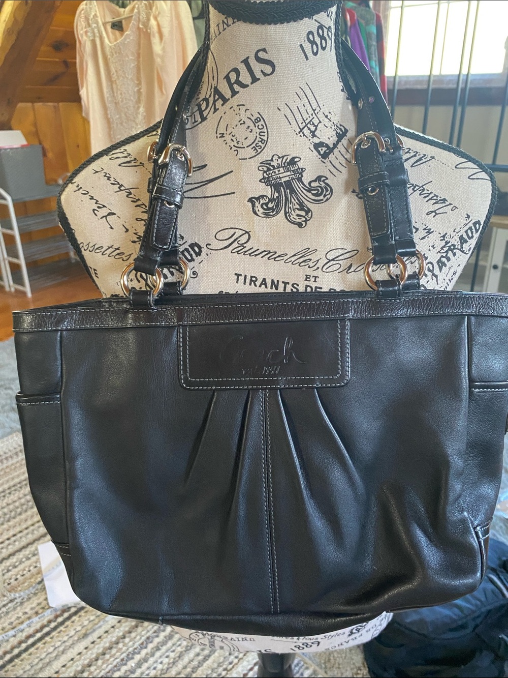 Coach Black Leather Shoulder Bag with Pleat Detail